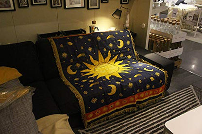  Sun And Moon Stars Hippie Throw Blanket Celestial Tapestry Double-sided Reversible Woven Cotton Home Decor Bedding Chair Couch Recliner Cover Loveseat Rug Oversized Tassels Blue Yellow (71x51)