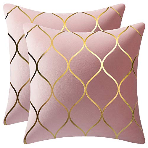  DEZENE Gold Velvet Throw Pillow Covers: 2 Pack 18x18 Inch Square Decorative Pillow Cases for Bedroom Sofa Couch Living Room, Pink