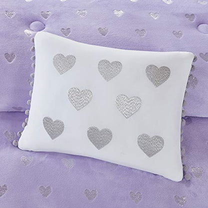  Mi Zone Rosalie Comforter Ultra-Soft Microlight Plush Metallic Printed Hearts Brushed Reverse Overfilled Down Alternative Hypoallergenic All Season Bedding-Set, Full/Queen, Purple/Silver, 4 Piece