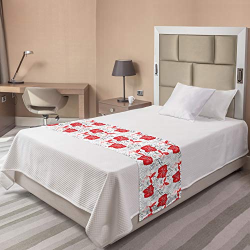  Lunarable Hawaiian Bed Runner, Patterns With Flourishing Hibiscus And Red Hummingbirds Ornamental Background, Decorative Accent Bedding Scarf For Hotels Homes And Guestrooms, Red Black Grey