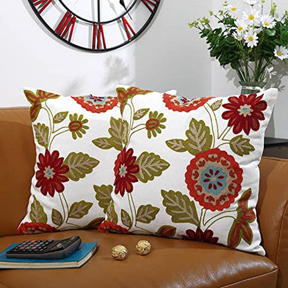  Oneslong Throw Pillow Case Covers - Set Of 2-100% Cotton, Decorative Floral Embroidered Design On Solid Natural White Background For Couch, Sofa, Bed - 18 X 18 Inches - Cushion Not Included