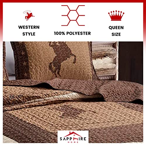  Sapphire Home Luxury 3-Piece Quilt Bedspread Set - Western Design Collection - Wild Horse Country/Horseshoe/Star/Cowboy/Southwestern Blue/Tayler Design W/Pillow Sham - Queen Size, Beige Brown
