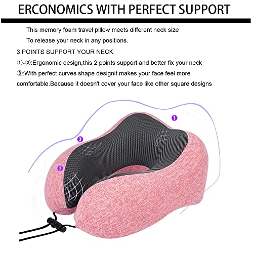 Levcoecam Travel Neck Pillow,Memory Foam Neck Pillow,Comfortable & Breathable Cover, Portable Airplane Travel Kit With 3D Contoured Eye Masks, Earplugs, And Luxury Bag (Pink)