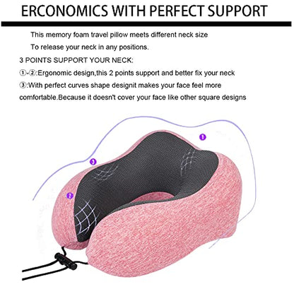  Levcoecam Travel Neck Pillow,Memory Foam Neck Pillow,Comfortable & Breathable Cover, Portable Airplane Travel Kit With 3D Contoured Eye Masks, Earplugs, And Luxury Bag (Pink)
