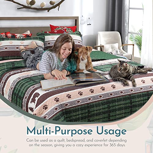  Judvx Quilt Set King Size White & Green Rustic Bedding Reversible 3 Piece Bedspreads & Coverlet, Lightweight Microfiber Plaid Pattern Lodge Bear Quilts For All Season (1 Quilt, 2 Pillow Shams)