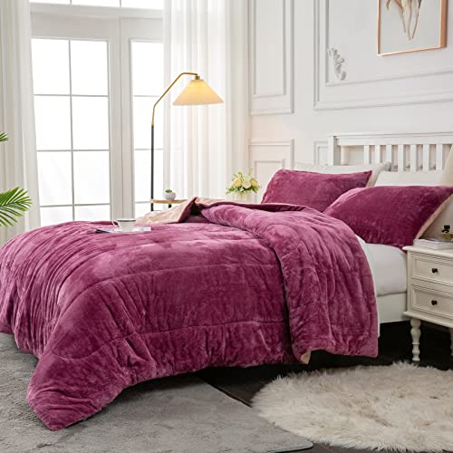  Faux Fur Twin Comforter, Cozy Fluffy Fuzzy Bed Comforter, Easy Care And Machine Washable, Plush Comforter Suit For All Season (Twin, Pink Bean Paste)
