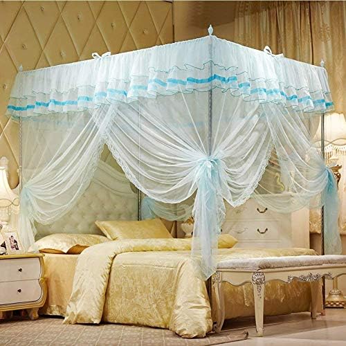  4 Corners Post Pink Canopy Bed Curtain For Girls & Adults - Cute Cozy Drape Square Netting For Twin Bed - 4 Opening 45" W X 80" L Mosquito Net - Princess Bedroom Decoration