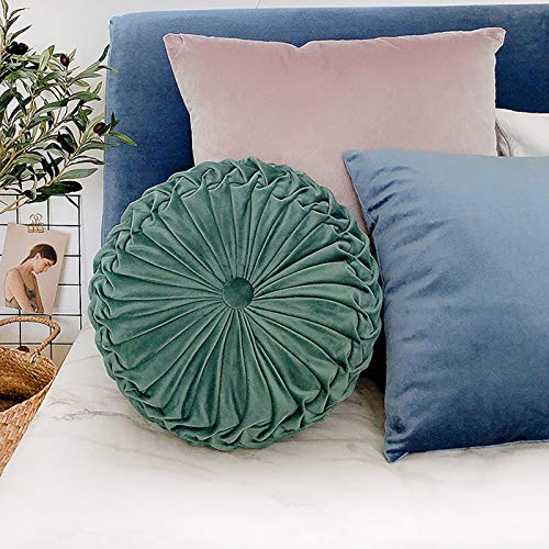  Round Cushions Pillows 15" Large Velvet Floor Couch Pillow Handcrafted Pleated Round Throw Pillow Decoration For Chair Sofa Bed And Car, 1 Pack, Light Teal