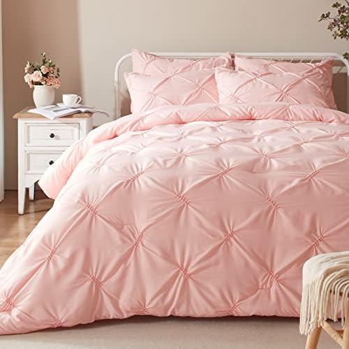  Queen Comforter Set -Pintuck Down Alternative Comforters With 2 Pillow Shams, Soft Queen Size Bedding Comforter Sets Lightweight All Season (Pink,88x88 Inches, 3 Pieces)