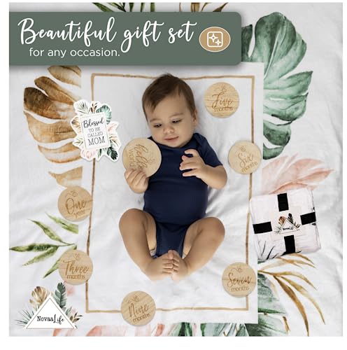 NovaaLife - Milestone Baby Blanket For Girls And Boys - Wood Props & Blessed To Be Called Mom Sticker - 40 X 60 In Large Blanket - Use As Backdrop Or Laying Down