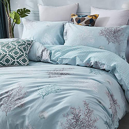  Brandream Coastal Beach Bedding Set Queen Size 100% Cotton Duvet Cover Set Tropical Coral Seashells Bedroom Set 3-Piece (No Comforter)