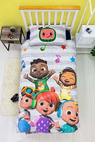  CoComelon Single Duvet Cover Officially Licensed | Reversible 2 Sided Friends Design With Matching Pillowcase, Polycotton, Grey