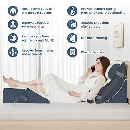  6pcs Orthopedic Bed Wedge Pillow Set, Memory Foam Wedge Pillow For Sleeping, Knee, Lumbar And Back Pain Relief Adjustable Bed Pillow - Acid Reflux, Anti Snoring & GERD Sleeping, Grey