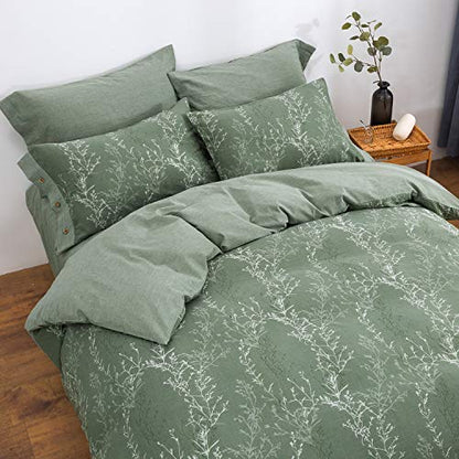  OREISE Duvet Cover Set Full/Queen Size Washed Cotton Yarn, Jacquard Green And White Thin Branch Pattern Floral Style 3Piece Bedding Set