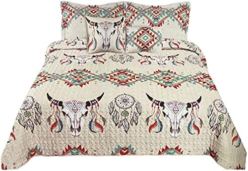  Western Peak 5 Piece Bull Skull Native Tribal Feather Artisan Southwestern Boho Design Quilt Bedding Set With Shams And Decorative Pillows (Black Teal, Queen)