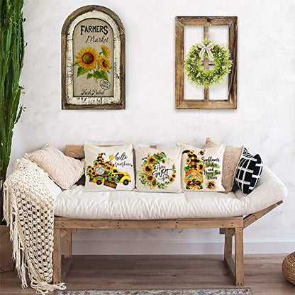  KACOPOL Sunflower Pillow Covers Set Of 4 18x18 Rustic Flower Market Farmhouse Truck Sunflower Bee Gnomes Home Eocr Throw Pillow Case Cushion Cover Spring Summer Decorations (Yellow-Hello Sunshine)