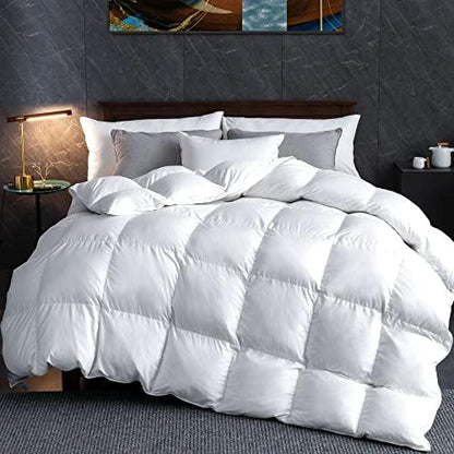 Goose Feather Down Comforter Queen Size, Ultra-Soft All Season Down Duvet Insert, Cotton Cover, 55oz Fill Weight Goose Down Comforter With Storage Bag (90x90)