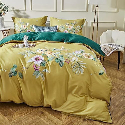  OAITE Duvet Cover Set,600 Thread Count Cotton Floral Bedding Comforter Cover Set Includes With 3Pcs (2 Pillow Shams,1 Duvet Cover)