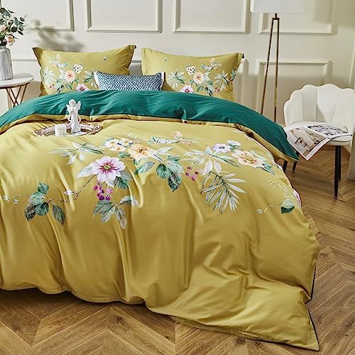  OAITE Duvet Cover Set,600 Thread Count Cotton Floral Bedding Comforter Cover Set Includes With 3Pcs (2 Pillow Shams,1 Duvet Cover)