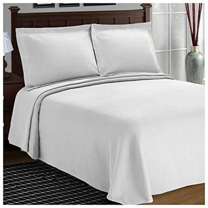  SUPERIOR Oversized Premium Bedspread Set, Diamond Solitaire Jacquard Design, Breathable Cotton, Soft, Breathable, All-Season, Matching Pillow Shams, Lightweight And Cozy Bedding, Queen, White