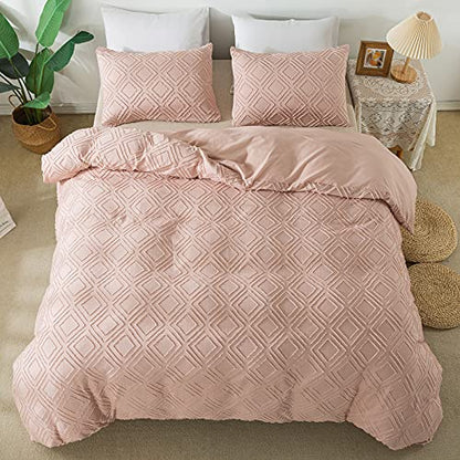  Jacquard & Tufted Pink Duvet Cover Queen Size Bedding Set, Soft, All Seasons, With Double-end Sliders Zipper Closure, 8 Ties, 3 Pieces (2 Pillowcase, 1 Duvet Cover), Q Pink