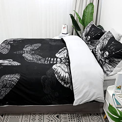  Zhh Death Moth Skull Duvet Cover 3Pcs Queen Size Black Gothic Bedding Soft Microfiber Fashion Printed Skeleton Comforter Cover (1 X Quilt Cover, 2 X Pillowcases)