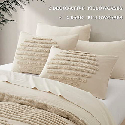  5 Pieces Full/Queen Duvet Cover Set, Boho Bedding Sets For Modern Home, Tufted And Super Soft Comforter Covers, Beige