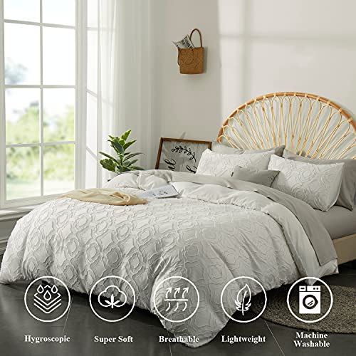  Duvet Cover Queen Size, 3 Pieces Tufted Comforter Cover Set, Soft And Embroidery Shabby Chic Boho Bedding Sets For All Seasons, White