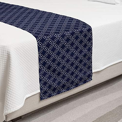  Ambesonne Navy Blue Bed Runner, Abstract Geometric Entangled Circles Ring Shapes Round Marine Sea Motif, Decorative Accent Bedding Scarf For Hotels Homes And Guestrooms, Navy Blue White