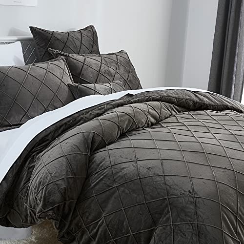  Pleated Velvet Duvet Cover Set King, 3PCS Flannel Comforter Cover Set For All Season, Ultra Soft Cozy Luxurious Velour Duvet Cover With Pillow Shams Bedding Collection, 106" X 92", Charcoal Grey