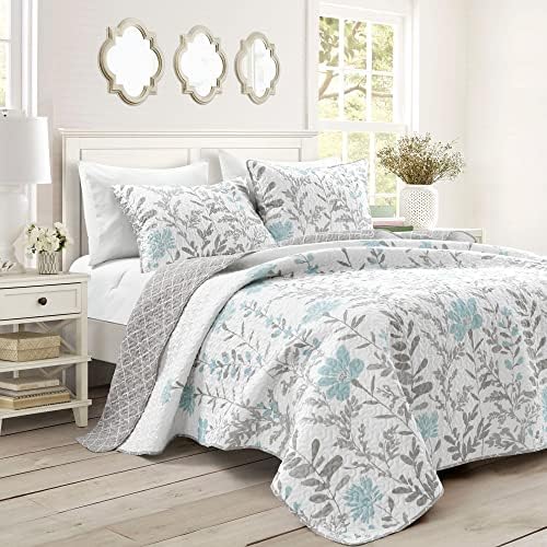  Lush Decor Yellow Aprile Reversible Quilt 3 Piece Floral Leaf Design Bedding Set, King, Blue & Gray