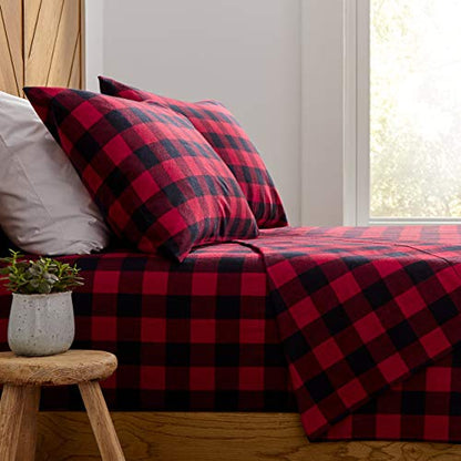  Amazon Brand – Stone & Beam Rustic Buffalo Check Flannel Bed Sheet Set, Queen, Red And Black