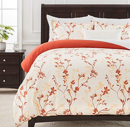  Rust Orange Floral Duvet Comforter Cover Bedding Set Queen Size - Floral Print 3-Piece Set Lightweight Elegant Aesthetic Microfiber Bedcover - Soft Machine Wash Breathable Stain Resistant