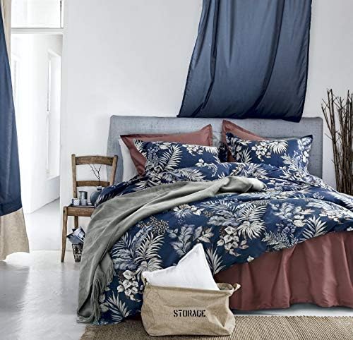  Eikei Midnight Blue Botanical Print Duvet Quilt Cover Egyptian Cotton Bedding Set Modern Luxury Minimal Palm Leaf Dark Charcoal Navy Ocher Floral Watercolor Design 120x98 (Mustard Yellow, Super King)