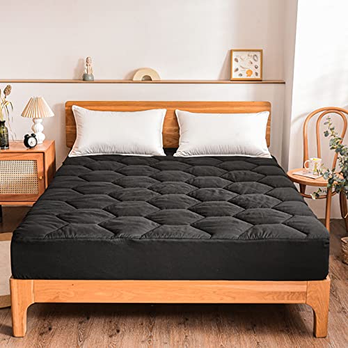  Quilted Mattress Pad Cover, Soft Breathable Honeycomb Hexagonal Design Mattress Topper, Thick Warm Fitted Mattress Protector, Stretches Up To 19" Deep Pocket (Black, Queen)