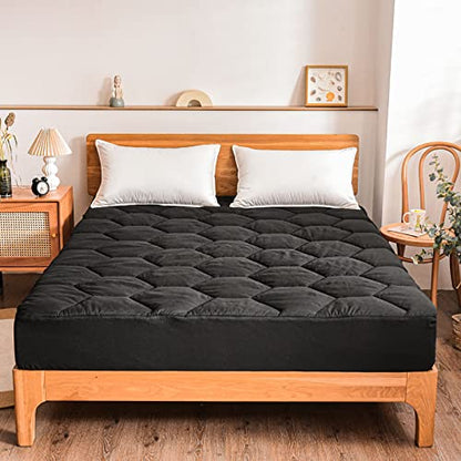  Quilted Mattress Pad Cover, Soft Breathable Honeycomb Hexagonal Design Mattress Topper, Thick Warm Fitted Mattress Protector, Stretches Up To 19" Deep Pocket (Black, Queen)