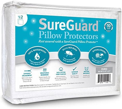  Of 2 Standard Size SureGuard Pillow Protectors - 100% Waterproof, Bed Bug Proof, Hypoallergenic - Premium Zippered Cotton Terry Covers