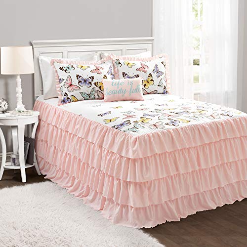  Lush Decor Pink Flutter Butterfly 4-Piece Bedspread Set, Cute Comforter (Full)