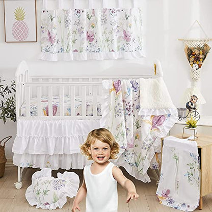  Brandream Wildflower Butterfly Crib Bedding Sets For Girls Farmhouse Baby Nursery Bedding Blanket Set Romantic Purple White, 6 Pieces