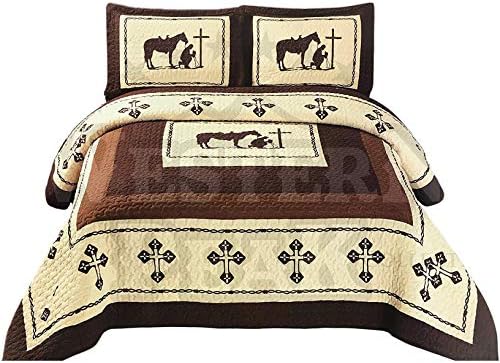  Western Peak 3 Pcs Western Texas Cross Praying Cowboy Cabin Lodge Barbed Wire Luxury Quilt Bedspread Comforter Brown Beige (Queen)