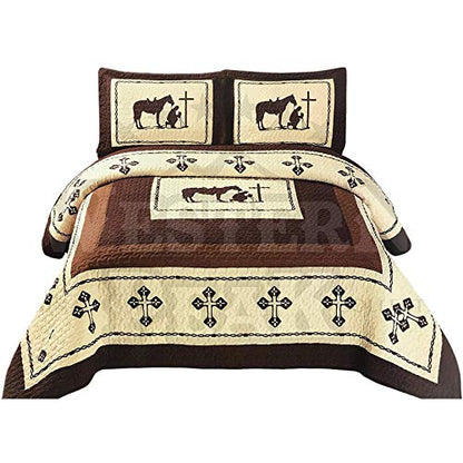  Western Peak 3 Pcs Western Texas Cross Praying Cowboy Cabin Lodge Barbed Wire Luxury Quilt Bedspread Comforter Brown Beige (Queen)