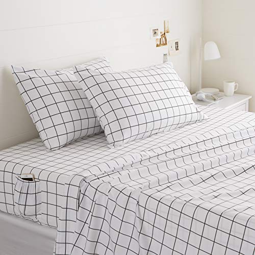  Amazon Basics Soft Microfiber 4 Piece Sheet Set With Elastic Pockets, Full, Black Grid, Geometric