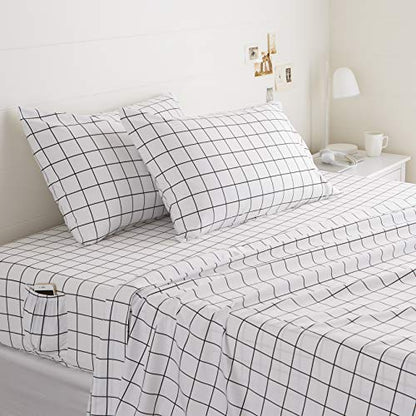  Amazon Basics Soft Microfiber 4 Piece Sheet Set With Elastic Pockets, Full, Black Grid, Geometric