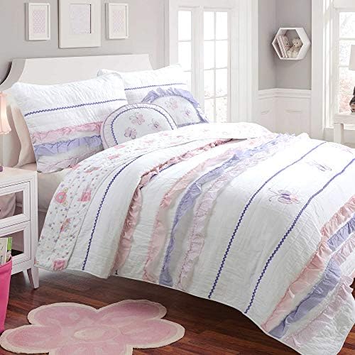  Cozy Line Home Fashions Angelina Floral Dot Pink Light Purple Blue 100% Cotton Reversible Girl Quilt Bedding Set, Bedspread, Coverlet (Queen - 3 Piece)