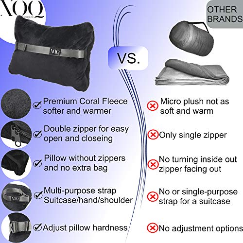  XOQute Premium Coral Fleece Travel Pillow Blanket 2 In 1 | Compact Travel Blanket And Pillow Set | Travel Pillow And Blanket Set | Airplane Blanket | Portable Blanket Pillow | Compact Blanket (Black)
