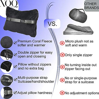  XOQute Premium Coral Fleece Travel Pillow Blanket 2 In 1 | Compact Travel Blanket And Pillow Set | Travel Pillow And Blanket Set | Airplane Blanket | Portable Blanket Pillow | Compact Blanket (Black)