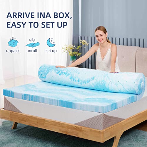  2 Inch Cooling Gel Memory Foam Mattress Topper In A Box, Medium Firm Mattress Topper For Pressure Relief & Temperature Regulation,CertiPUR-US Certified, Blue&White (Twin)