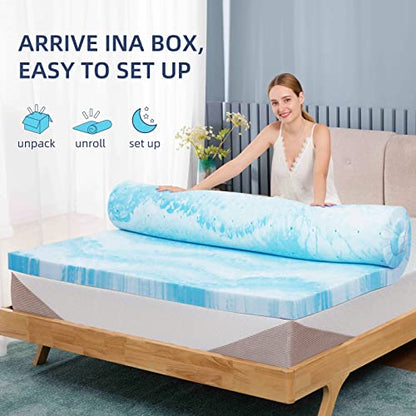  2 Inch Cooling Gel Memory Foam Mattress Topper In A Box, Medium Firm Mattress Topper For Pressure Relief & Temperature Regulation,CertiPUR-US Certified, Blue&White (Twin)