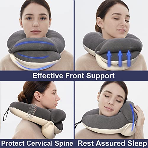  BUYUE Travel Neck Pillows For Airplanes, 360° Head Support Sleeping Essentials For Long Flight, Skin-Friendly & Breathable, Kit With 3D Contoured Eye Mask, Earplugs And Storage Bag (Adult, Grey)