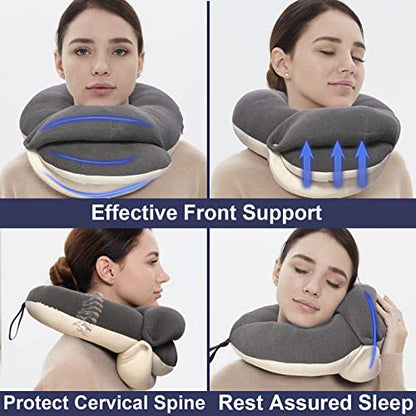  BUYUE Travel Neck Pillows For Airplanes, 360° Head Support Sleeping Essentials For Long Flight, Skin-Friendly & Breathable, Kit With 3D Contoured Eye Mask, Earplugs And Storage Bag (Adult, Grey)